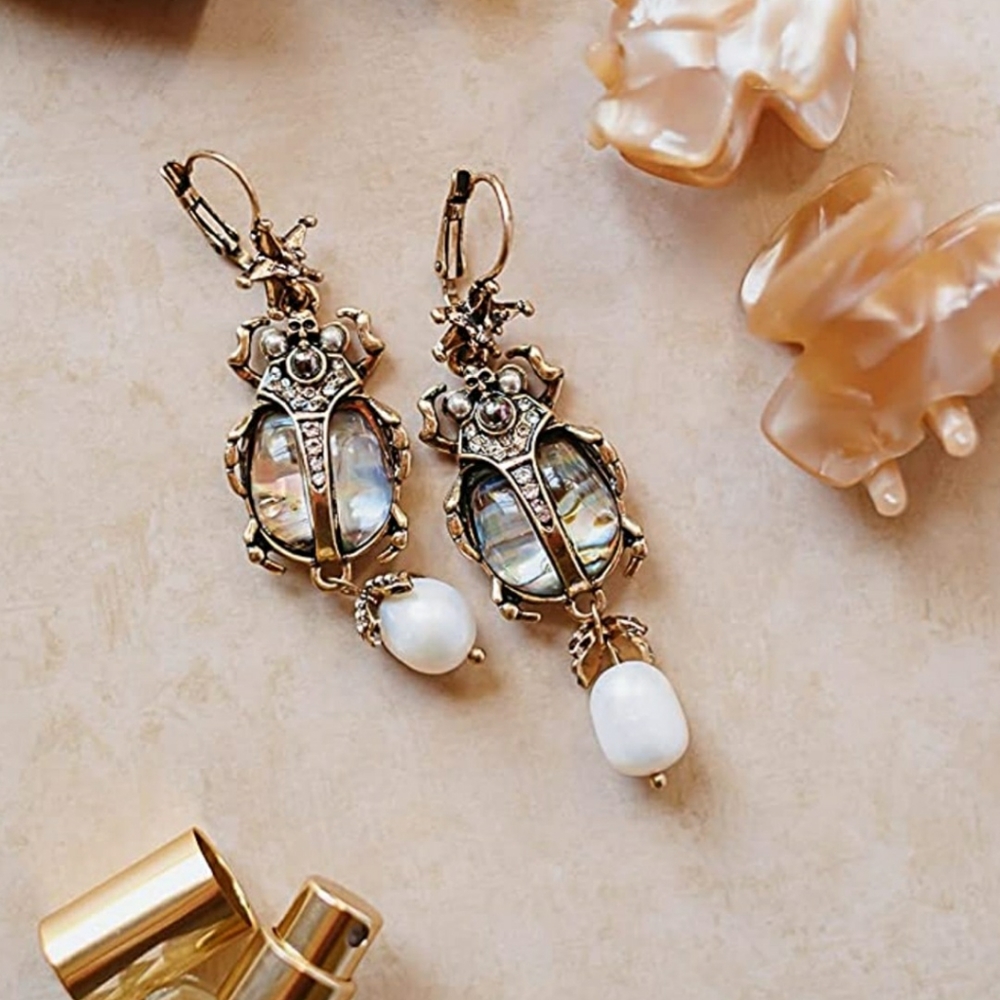 Beetle Scarab Abalone Natural Shell Pearl Dangle Earrings & Bracelet